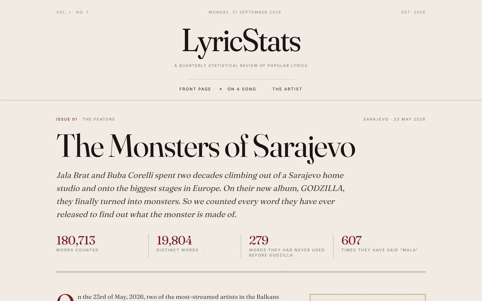 The front page of LyricStats, Issue 01: The Monsters of Sarajevo