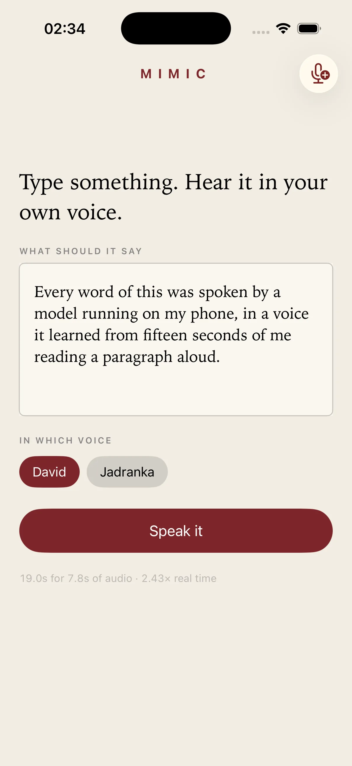 Mimic on an iPhone, about to speak a sentence in David's voice