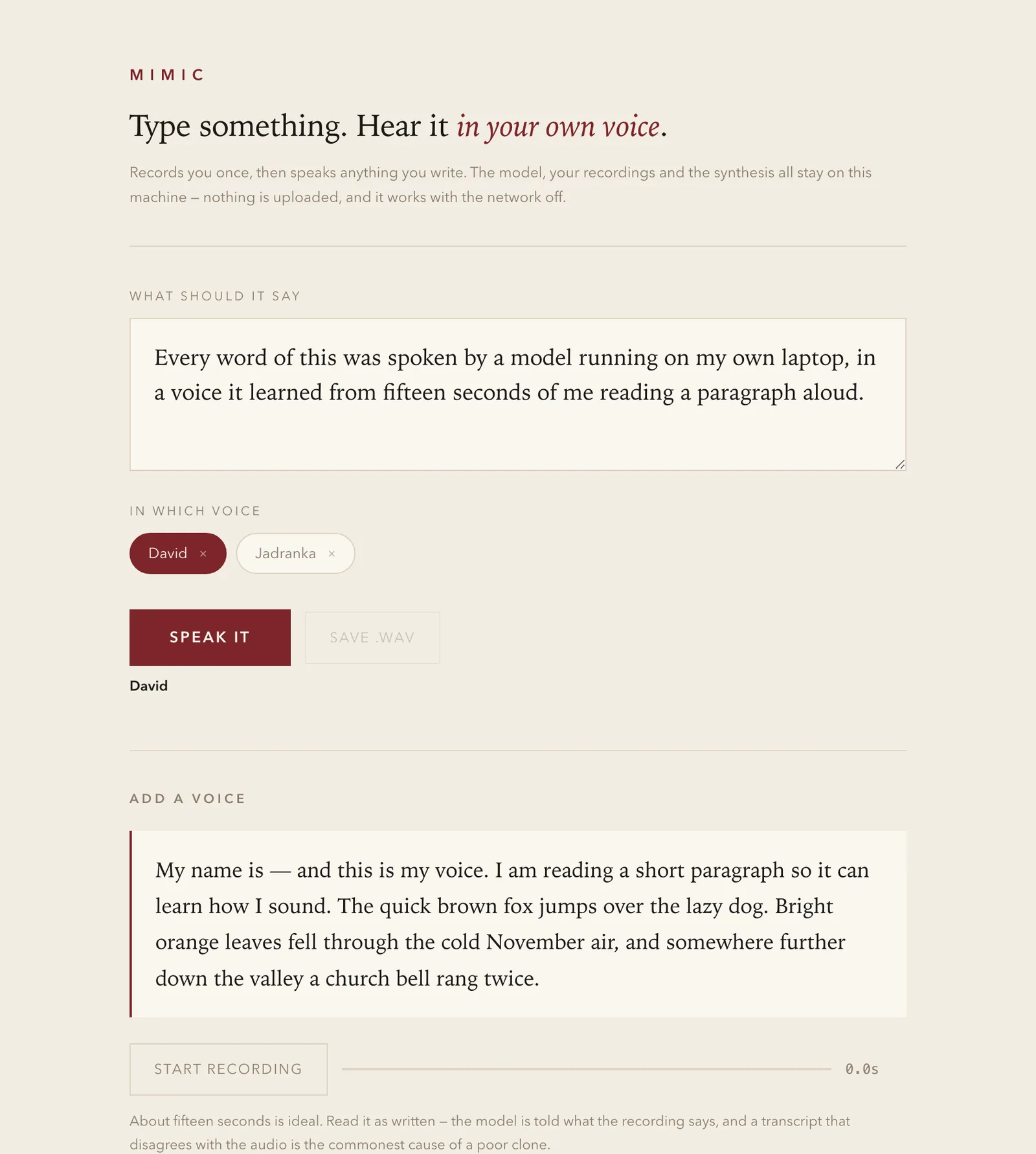 Mimic in a browser: what should it say, in which voice, and a button to speak it