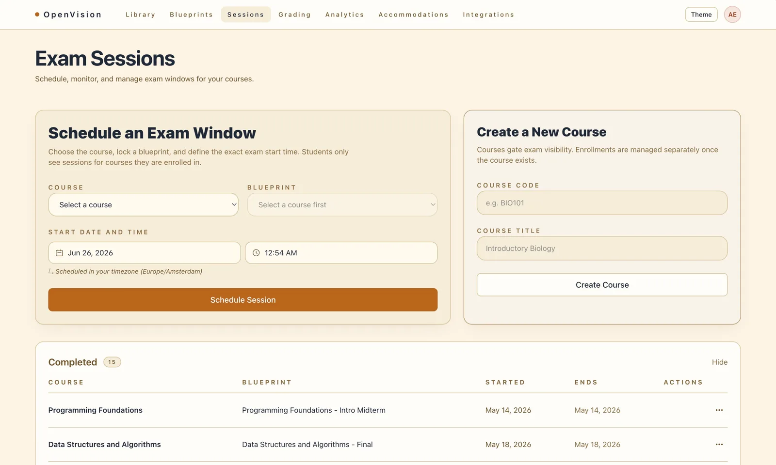 OpenVision's exam sessions screen